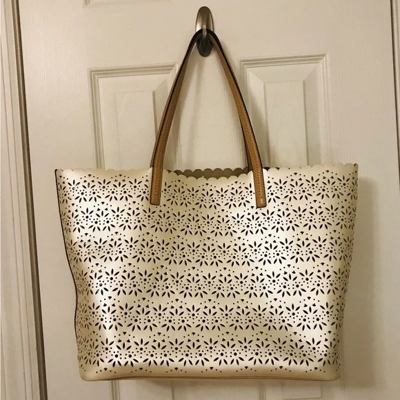 #006. COACH Metro Eyelet Perforated Tote - metallic cream & tan leather handles